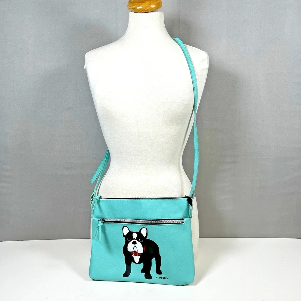 Marc Tetro French Bulldog Crossbody Double Zip Bag Black and White Frenchie Aqua